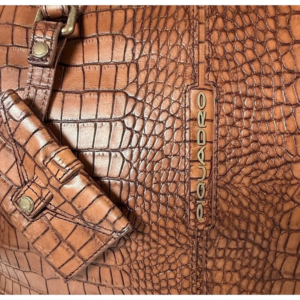 Piquadro Croc-Embossed Italian Leather Laptop Tote Briefcase Expandable Fits 14”